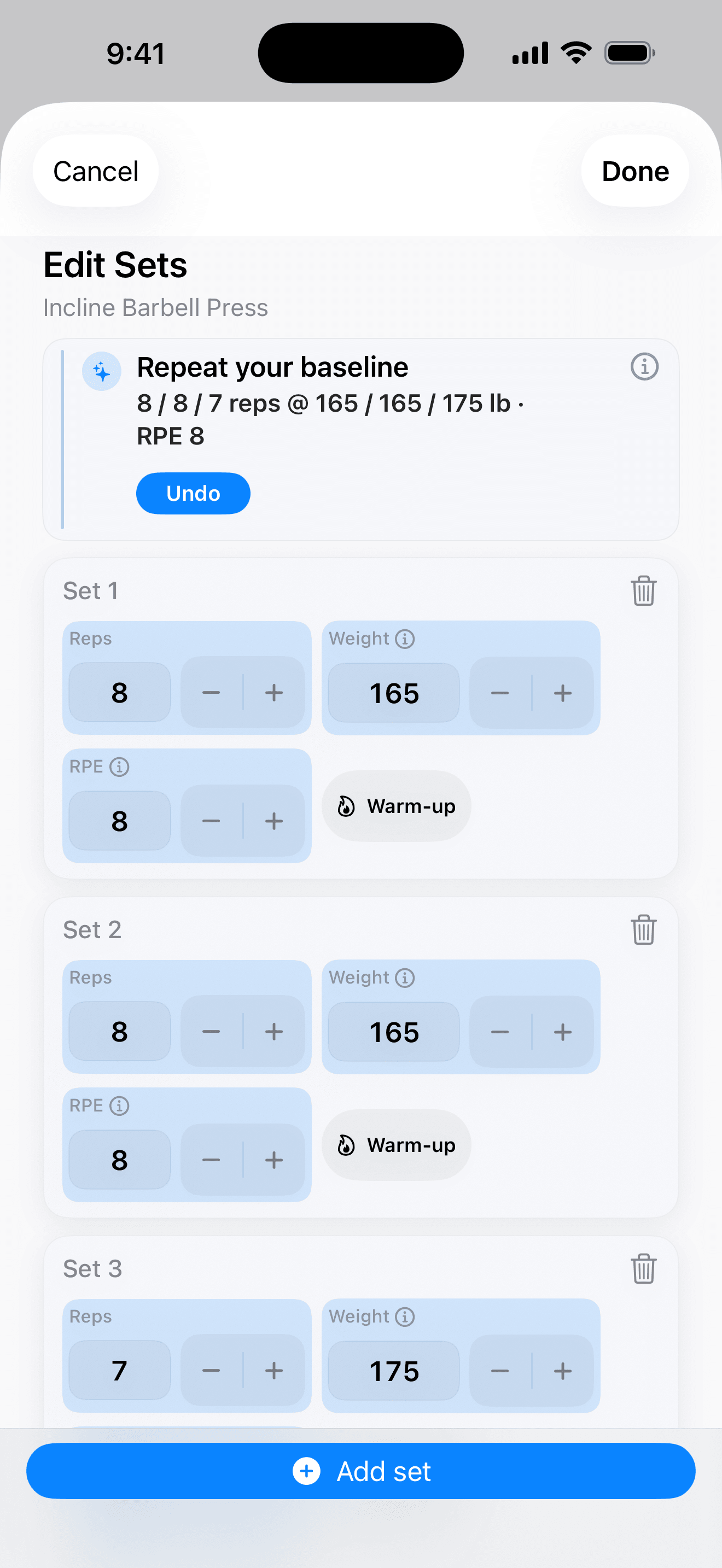 xTrack Edit Sets showing a repeat-baseline recommendation and three editable sets for Incline Barbell Press.